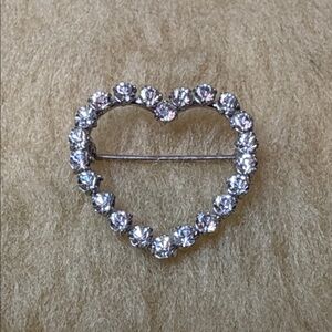 VTG Krementz Rhinestone Heart Brooch Silver Tone 1950s Mid-Century